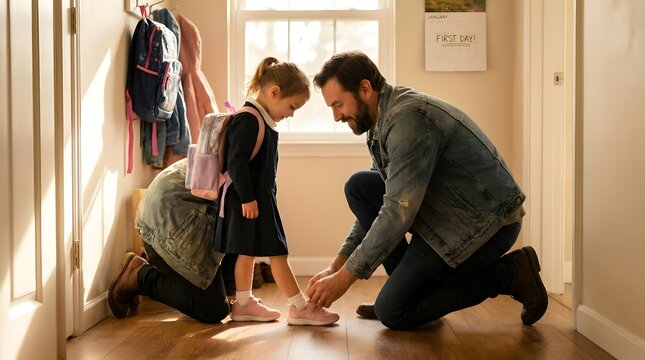 Father helping daughter with shoes.