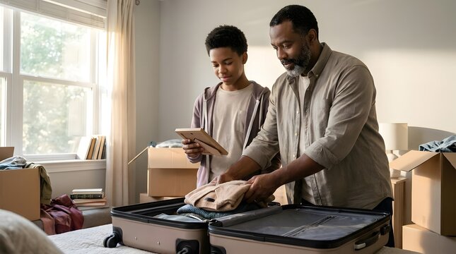 Father helping son pack suitcase for college departure.