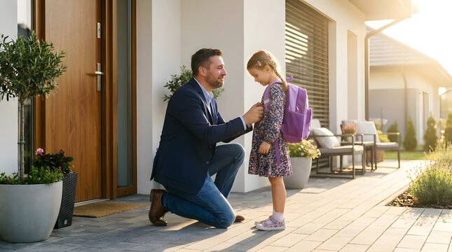 Father helping young daughter prepare for first school day.