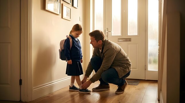 Father helping young daughter put on shoes at doorway.