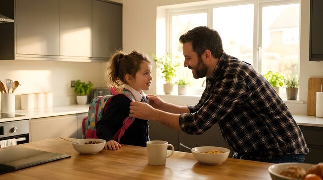 Father helping young daughter get ready for school.