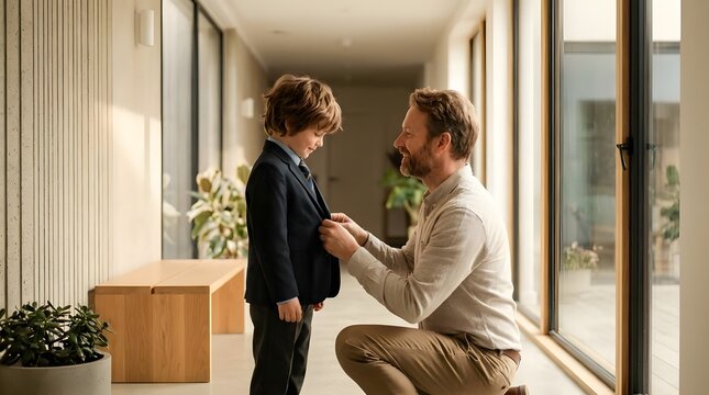 Father helping young son get dressed in suit.
