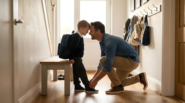 Father helping young son prepare for school at home.