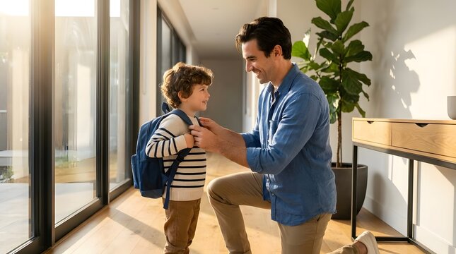 Father helping young son prepare for school morning.