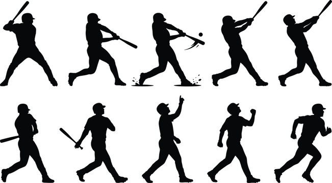 Baseball Batter Silhouette Collection Vector Set with Swinging, Hitting, Follow Through, Home Run, Running, and Dynamic Athletic Action Poses