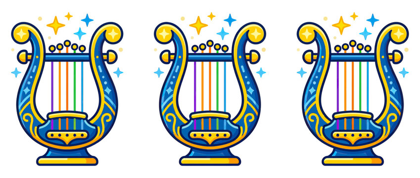 Ornate Harp Instrument with Colorful Strings and Sparkles