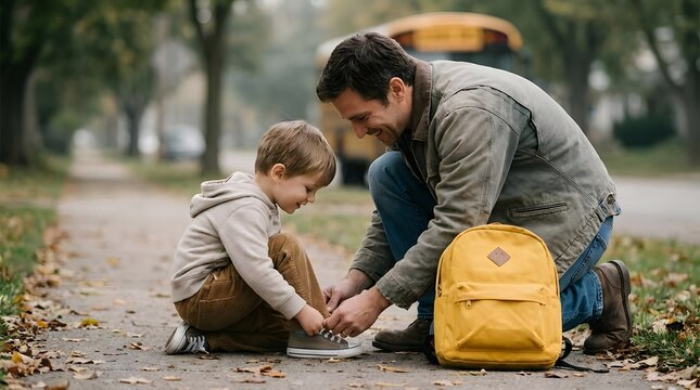 Father helping young son tie shoelaces outdoors with backpack.