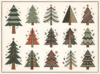 Obraz premium Set of Hand Drawn Vintage Christmas Trees Illustration with Festive Patterns