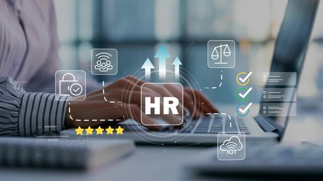 Businesswoman with laptop in modern office supporting equal opportunity hiring with animated HR icon, workforce planning, employee growth, recruitment strategy and organizational development