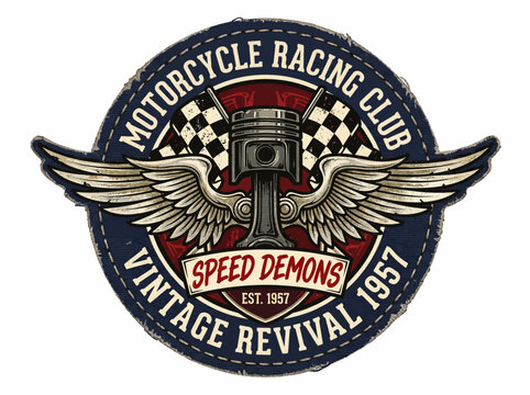 Vintage Motorcycle Racing Club Patch Emblem with Piston and Wings Illustration