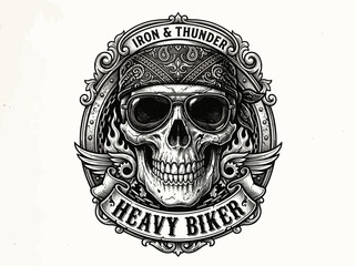 Fototapeta premium Vintage Heavy Biker Skull Emblem in Hand Drawn Engraving Style with Bandana and Sunglasses