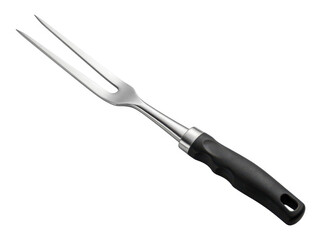 Fototapeta premium A shiny silver carving fork with a black handle used for cooking meat and poultry