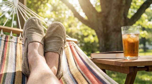 Relaxing in a hammock on a sunny afternoon with an iced tea and a good book