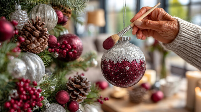 Hand holding ornament over christmas tree decorating for holiday season winter tradition