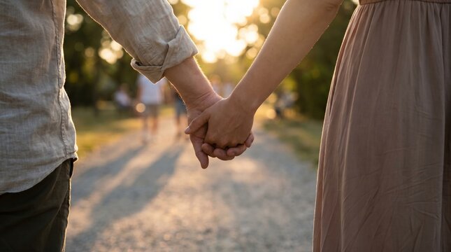Close up of a young adult couple holding hands affectionately while walking together outdoors in a park at sunset