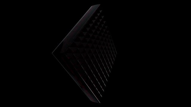 Abstract geometric diamond shape with a glowing red and metallic grid pattern isolated on a solid black background for modern digital design projects