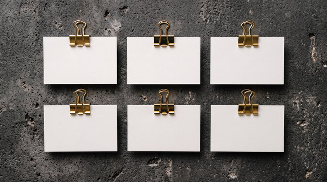 Business card mockup set on dark stone background, top view flat lay grid of six blank white paper cards with elegant gold binder clips on charcoal black textured concrete.