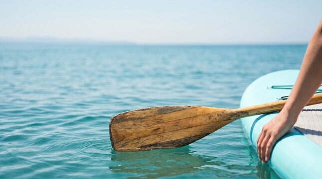Woman paddleboarding on calm blue sea with wooden paddle, active summer vacation concept