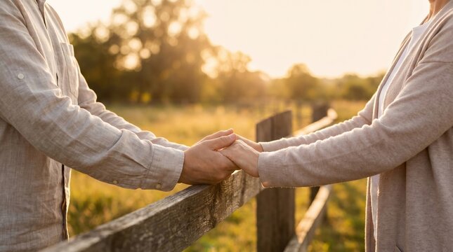 Senior couple holding hands lovingly outdoors near a wooden fence at sunset representing romance and enduring love