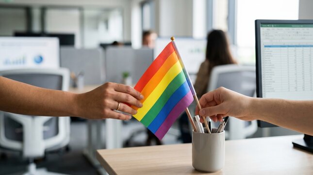 Diverse colleagues placing a small LGBT pride flag on an office desk showcasing workplace diversity and inclusion