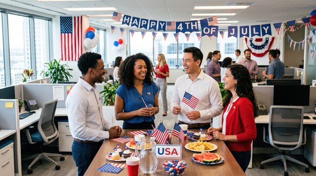 Diverse adult coworkers celebrating Independence Day with food and flags in a modern office workplace environment