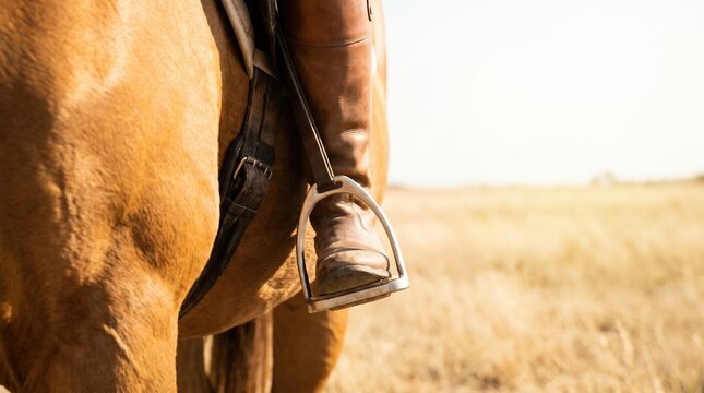 Equestrian rider foot in stirrup on horse closeup, closeup shot of horseback riding gear and leather boot for equestrian sport concept
