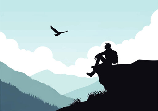Flat Design silhouette of a lone hiker sitting on a cliff edge overlooking misty mountains and a soaring bird