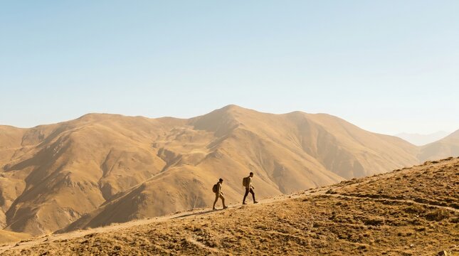 Two young adult men hiking together on a dry desert mountain trail exploring wilderness