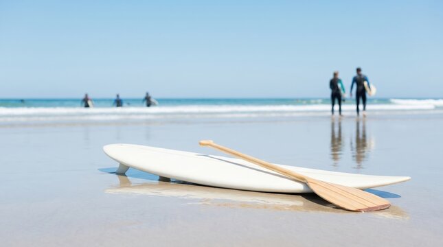 Paddleboard and paddle on a sunny sandy beach with surfers in the ocean background