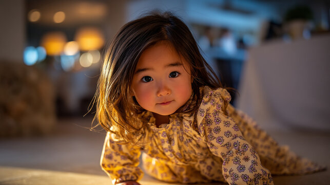 Adorable young girl with dark hair looking at camera in warm soft interior lighting
