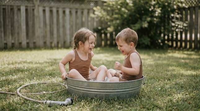 Two happy Caucasian toddlers boy and girl playing in a metal tub on the grass in the backyard, representing summer fun and childhood joy