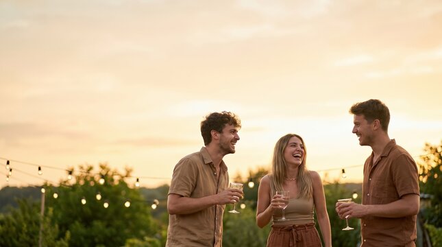 Happy young adult friends drinking wine and laughing together during an outdoor sunset party in a garden