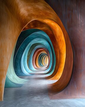 Vibrant Abstract Tunnel: An artistic rendering of an abstract tunnel with undulating curves and a gradient of warm and cool colors, creating a sense of depth and movement.