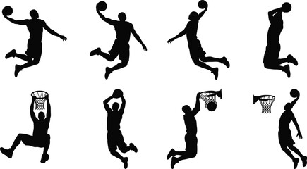 Basketball Dunk Silhouette Collection Vector Set with Slam Dunk, Layup, Rim Finish, Aerial Scoring, Jumping, and Dynamic Athletic Action Poses © MdNazmul