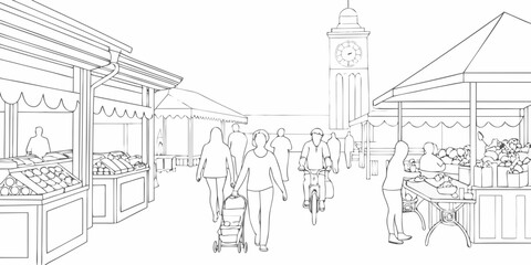 Obraz premium street market scene continuous line art illustration black white outdoor shopping people stalls