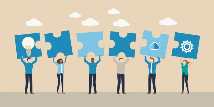 people holding puzzle pieces vector illustration teamwork collaboration conceptual business idea strategy solution