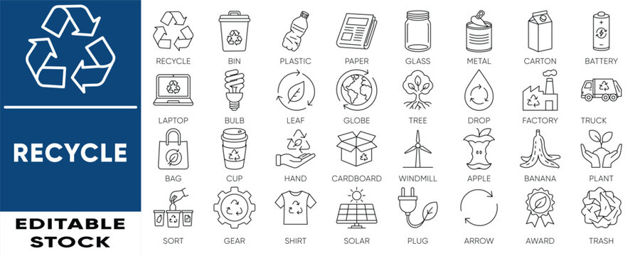 Recycle and sustainability line icons. Editable vector pack featuring eco-friendly symbols, green energy, waste sorting, and environment graphics for web and print.