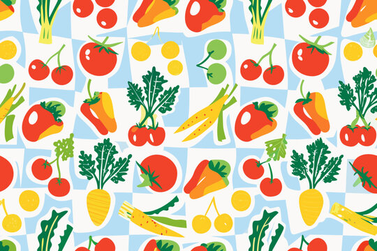 fresh produce checkered pattern vector illustration vegetables fruits tomato carrot pepper cherry graphic