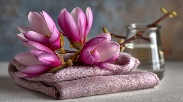 Pink magnolia flowers on a folded textile with glass vase magnolia botanical wellness