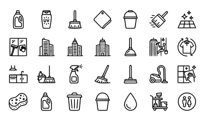 Fototapeta premium Thin Line Cleaning Service Vector Icon Set with Broom Floor Care and Building Maintenance Symbols