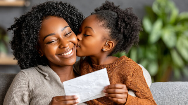 Happy african american mother smiling while her young daughter kisses her on the cheek