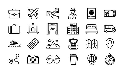 Fototapeta premium Minimal Thin Line Travel Essentials Icon Collection with Plane Hotel Passport and Tourism Symbols