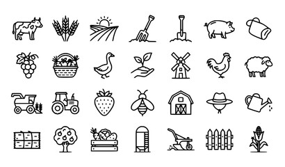 Thin Line Farming Agriculture Vector Icon Set with Cow Tractor Harvest and Farm Elements © Mstlily
