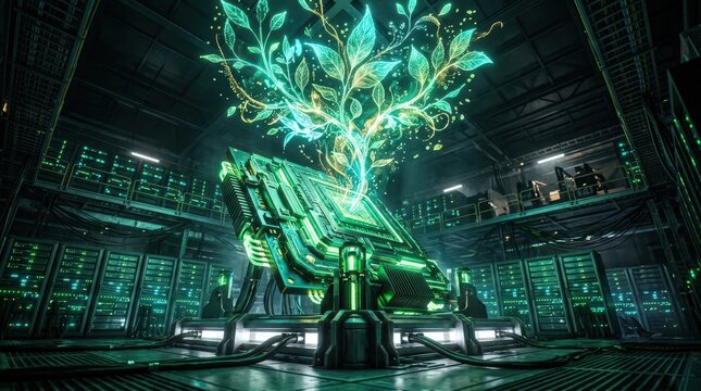 Green digital tree microprocessor server room carbon footprint reduction concept