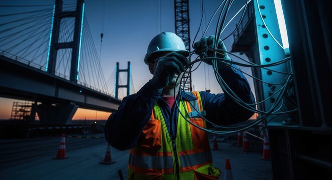 Electrician Working On New Bridge Construction At Dusk With Blue Lights