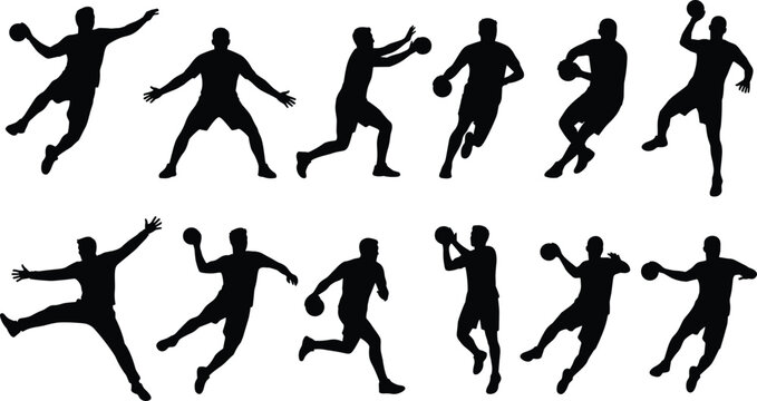 Handball Player Silhouette Collection Vector Set with Dribbling, Passing, Running, Jump Shot, Defensive Stance, and Dynamic Athletic Action Poses