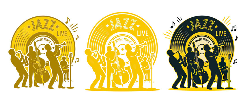 Live Jazz Band Silhouettes on Vinyl Record Background