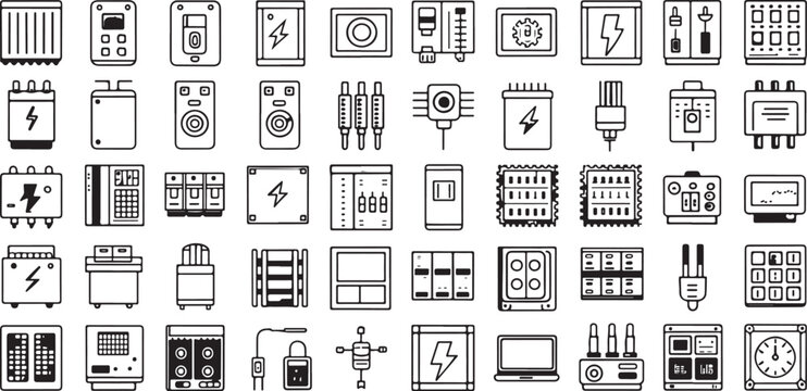 Electronic device icons representing various electrical equipment and components in a detailed collection.