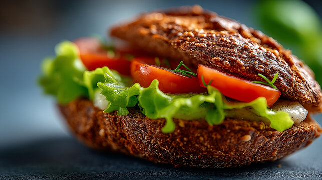 Fresh whole grain vegetable sandwich held by hand with sandwich nutrition vegetarian