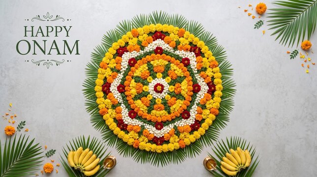 Happy Onam Festival Decoration with Flowers and Bananas